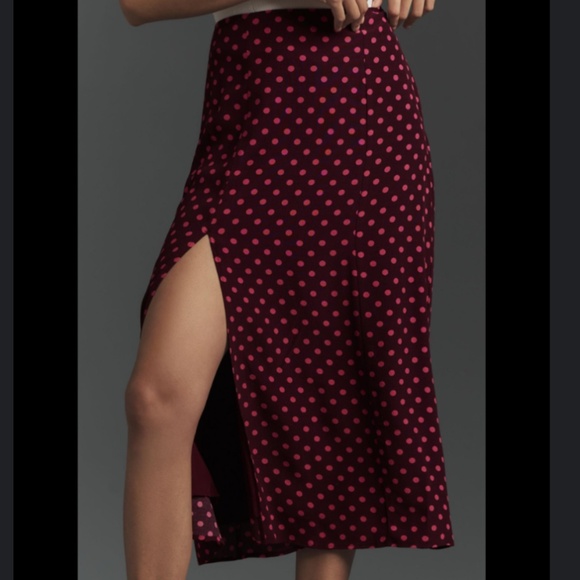 Anthropologie Maeve Polka Dot Midi Skirt ~ burgundy pink - Picture 2 of 3